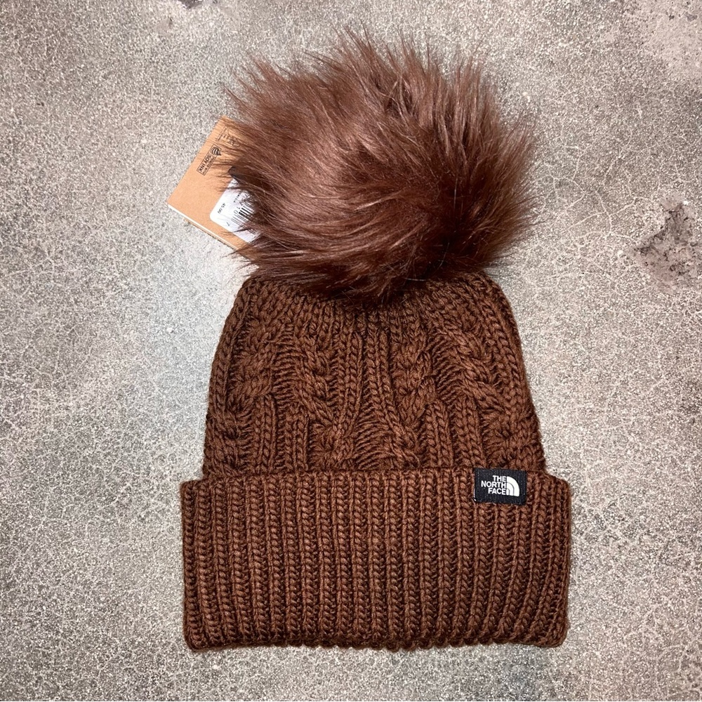 NWT The North Face Women's Oh-Mega Fur Pom Beanie DARK OAK BROWN - Picture 1 of 3